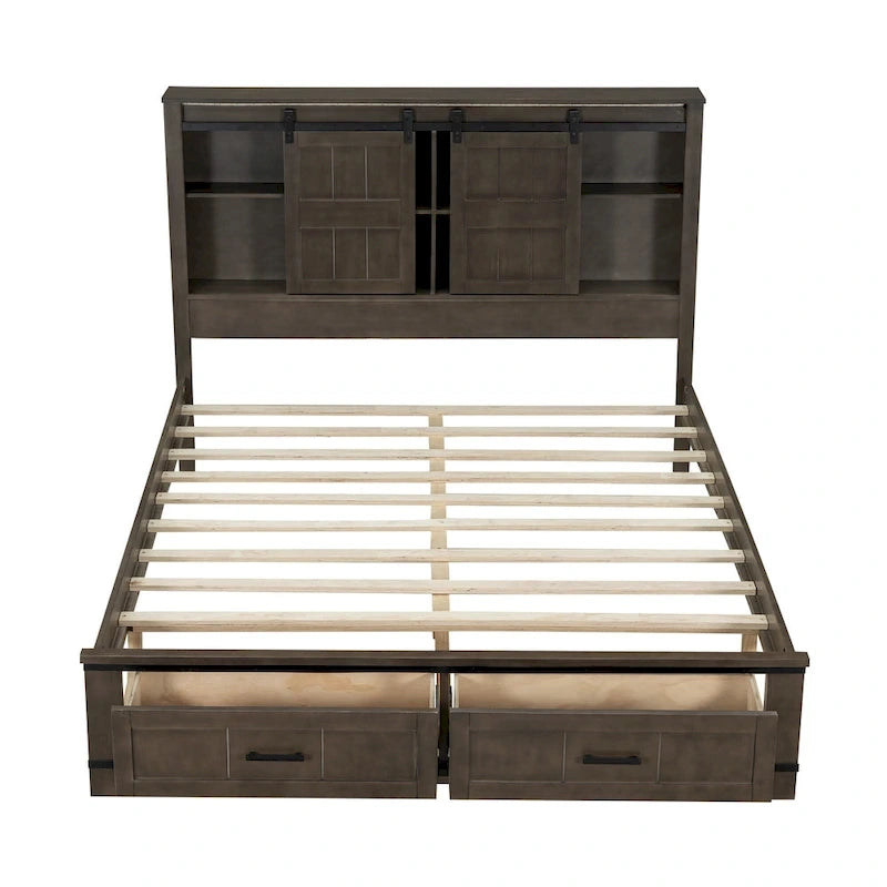 Queen Wood Platform Bed with 8 Shelves, 2 Drawers, Barn Door LED Design & USB