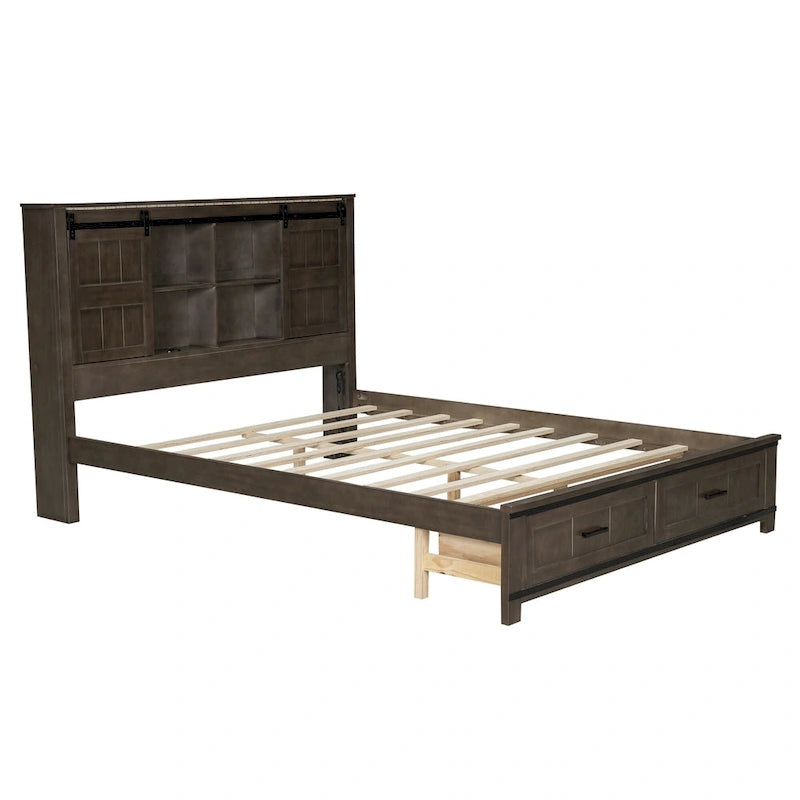 Queen Wood Platform Bed with 8 Shelves, 2 Drawers, Barn Door LED Design & USB