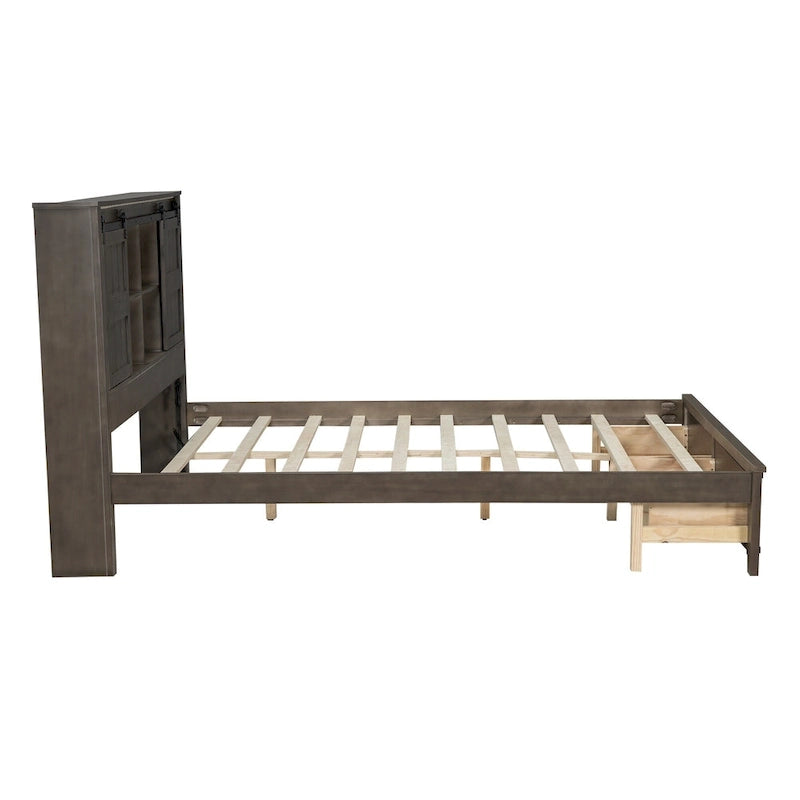 Queen Wood Platform Bed with 8 Shelves, 2 Drawers, Barn Door LED Design & USB