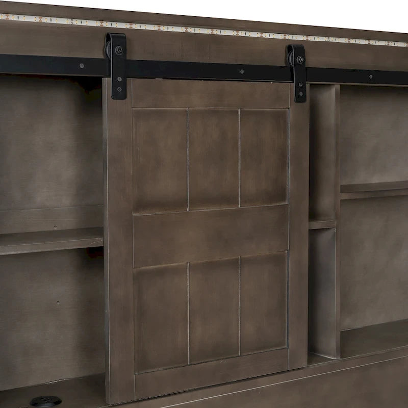 Queen Wood Platform Bed with 8 Shelves, 2 Drawers, Barn Door LED Design & USB