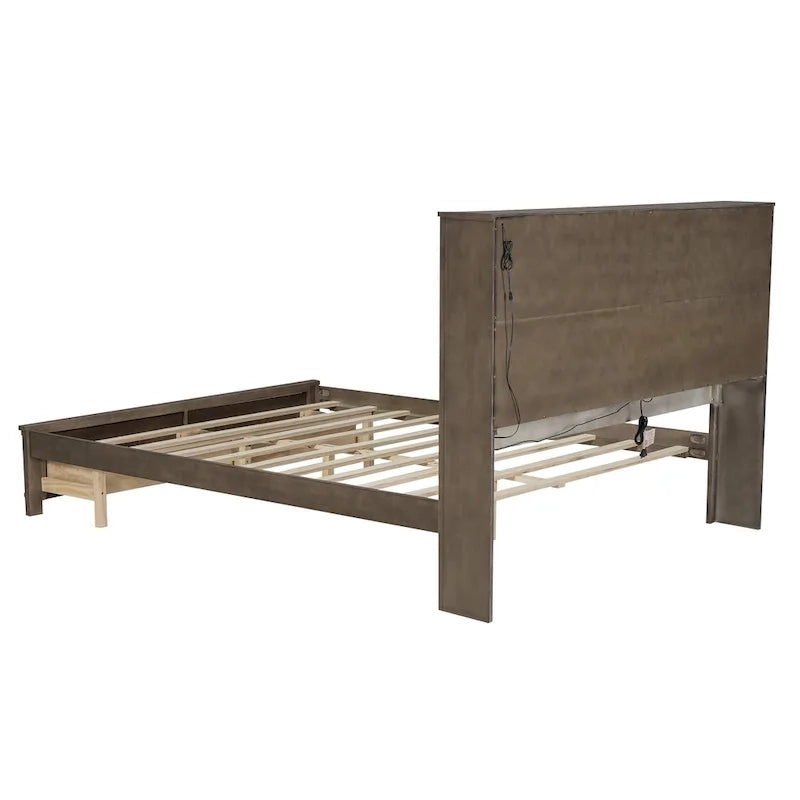 Queen Wood Platform Bed with 8 Shelves, 2 Drawers, Barn Door LED Design & USB