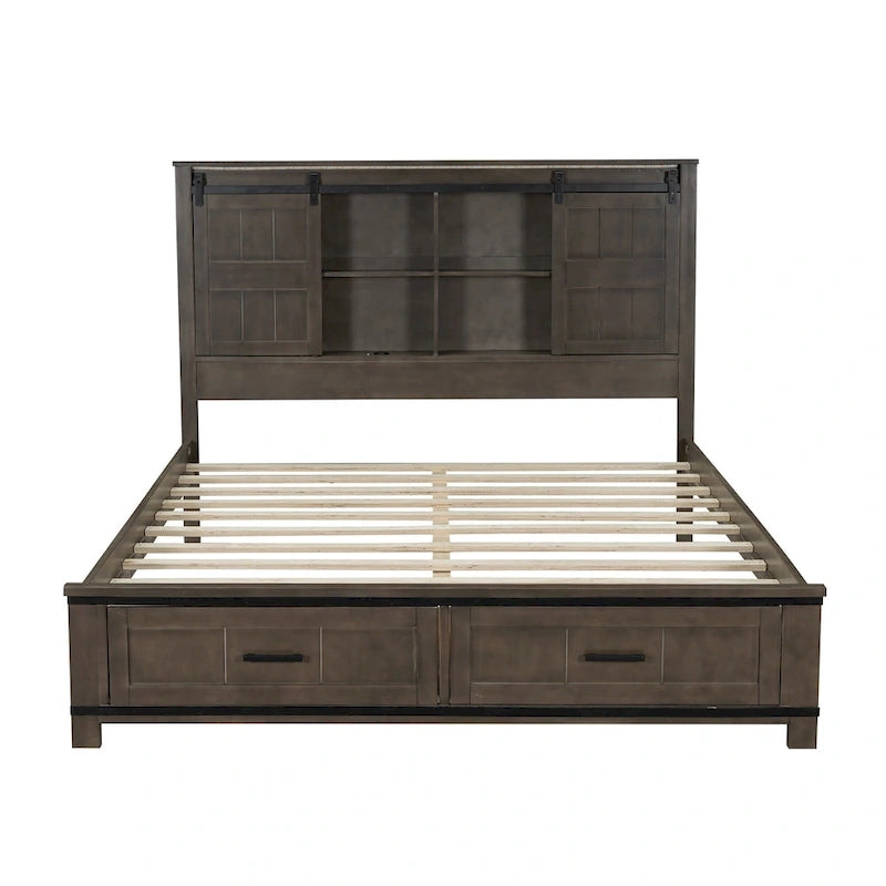 Queen Wood Platform Bed with 8 Shelves, 2 Drawers, Barn Door LED Design & USB