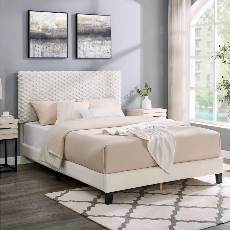 Full Platform Bed with Adjustable Headboard, Dove Fabric