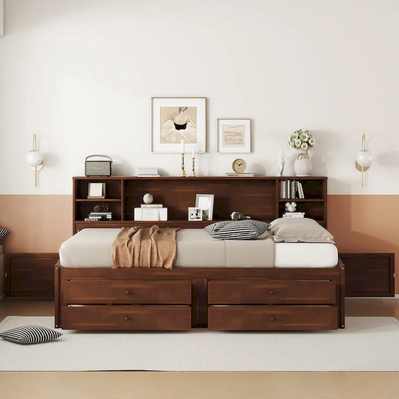 Full Size Wooden Captain Bed with Built-in Storage Shelves, 4 Drawers and 2 Cabinets