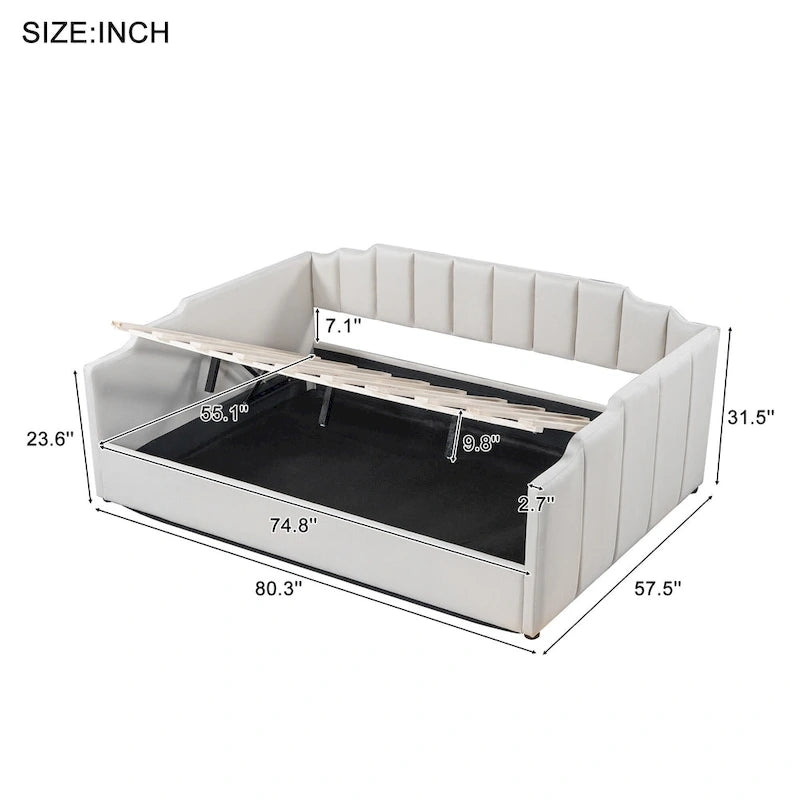 Upholstered Frame Daybed with Underneath Flip-up Storage and Irregular Guardrail, Full Size Sofa Bed for Bedroom Living Room