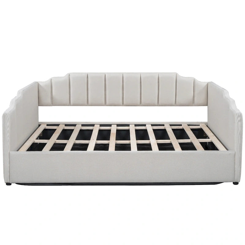 Upholstered Frame Daybed with Underneath Flip-up Storage and Irregular Guardrail, Full Size Sofa Bed for Bedroom Living Room