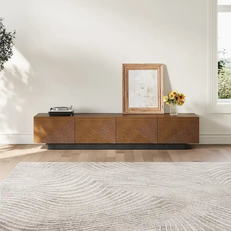 78.74  Mid Century Modern TV Stands, with Brown Solid Wood Veneer, Media Consoler with 4 Cabinets