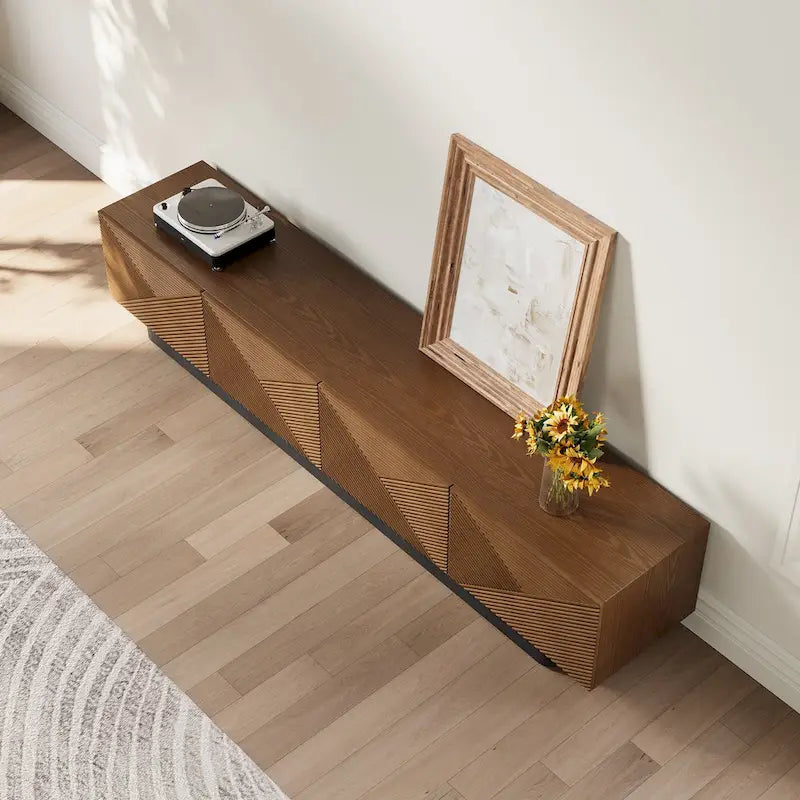 78.74  Mid Century Modern TV Stands, with Brown Solid Wood Veneer, Media Consoler with 4 Cabinets