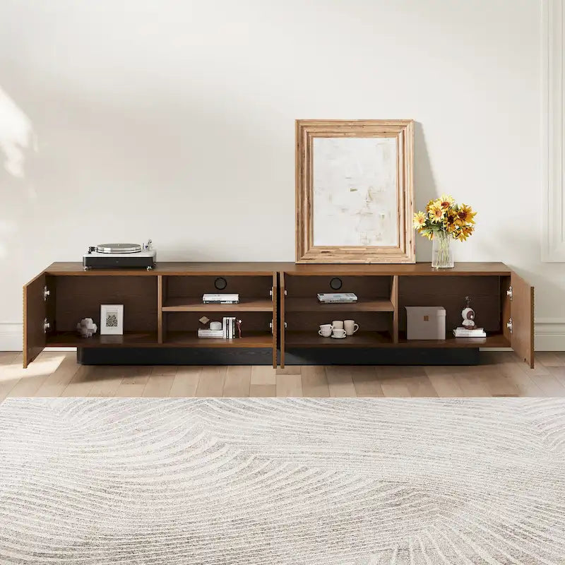 78.74  Mid Century Modern TV Stands, with Brown Solid Wood Veneer, Media Consoler with 4 Cabinets