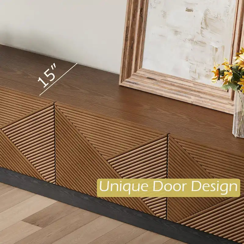 78.74  Mid Century Modern TV Stands, with Brown Solid Wood Veneer, Media Consoler with 4 Cabinets