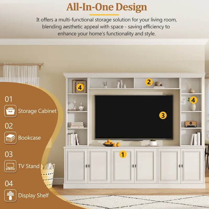 4-Piece Entertainment Center Wall Unit Set with Bridge for TVs Up to 70 , TV Stand W/Adjustable Shelves, Large Media Console