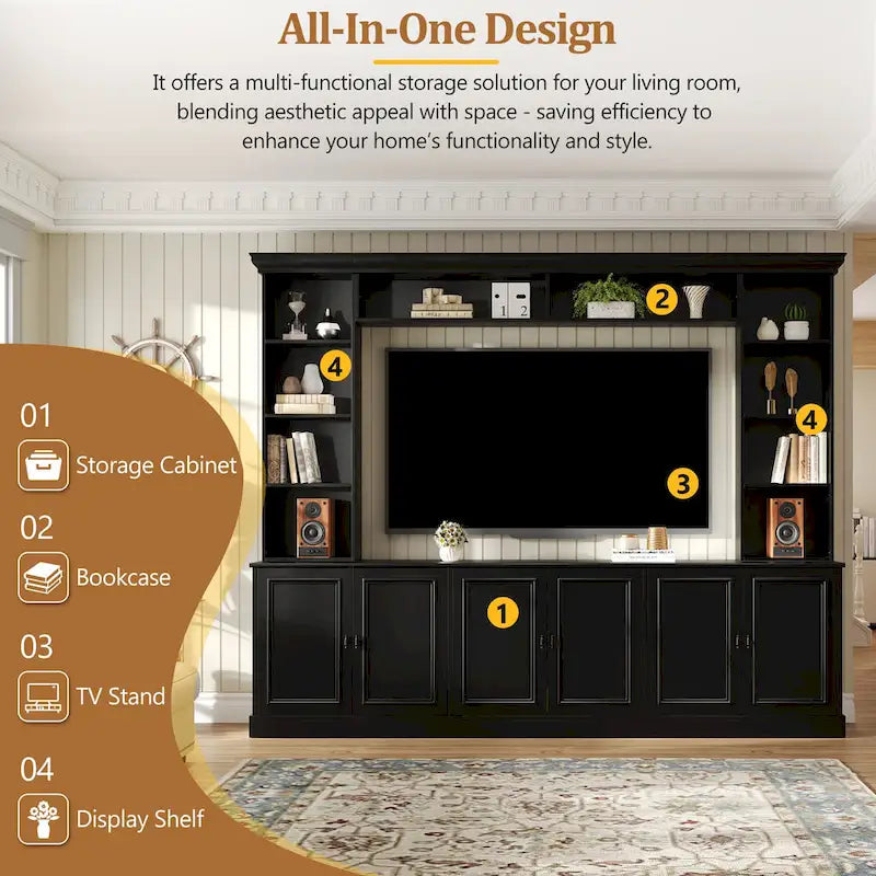 4-Piece Entertainment Center Wall Unit Set with Bridge for TVs Up to 70 , TV Stand W/Adjustable Shelves, Large Media Console