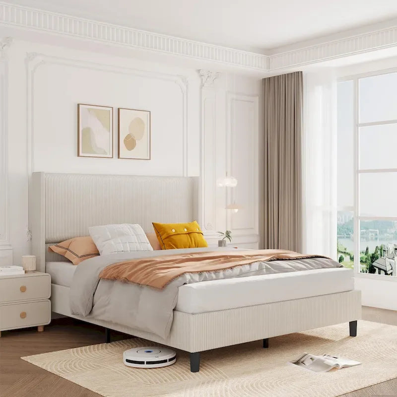 Upholstered Corduroy Bed Frame, Bed Frame with Wingback Headboard