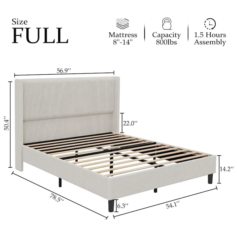 Upholstered Corduroy Bed Frame, Bed Frame with Wingback Headboard