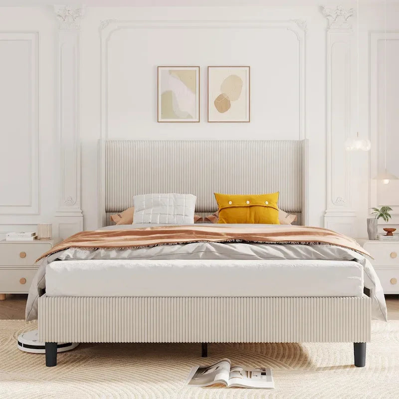 Upholstered Corduroy Bed Frame, Bed Frame with Wingback Headboard
