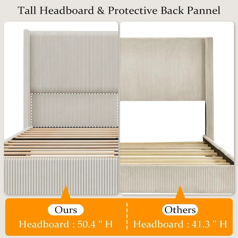 Upholstered Corduroy Bed Frame, Bed Frame with Wingback Headboard