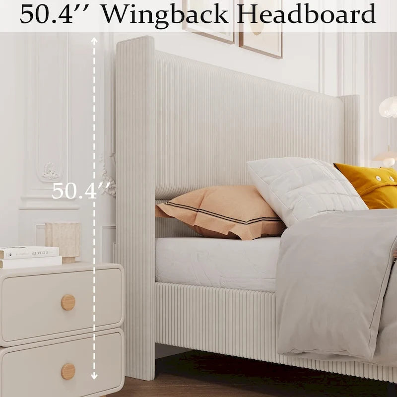 Upholstered Corduroy Bed Frame, Bed Frame with Wingback Headboard