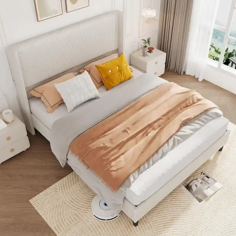 Upholstered Corduroy Bed Frame, Bed Frame with Wingback Headboard