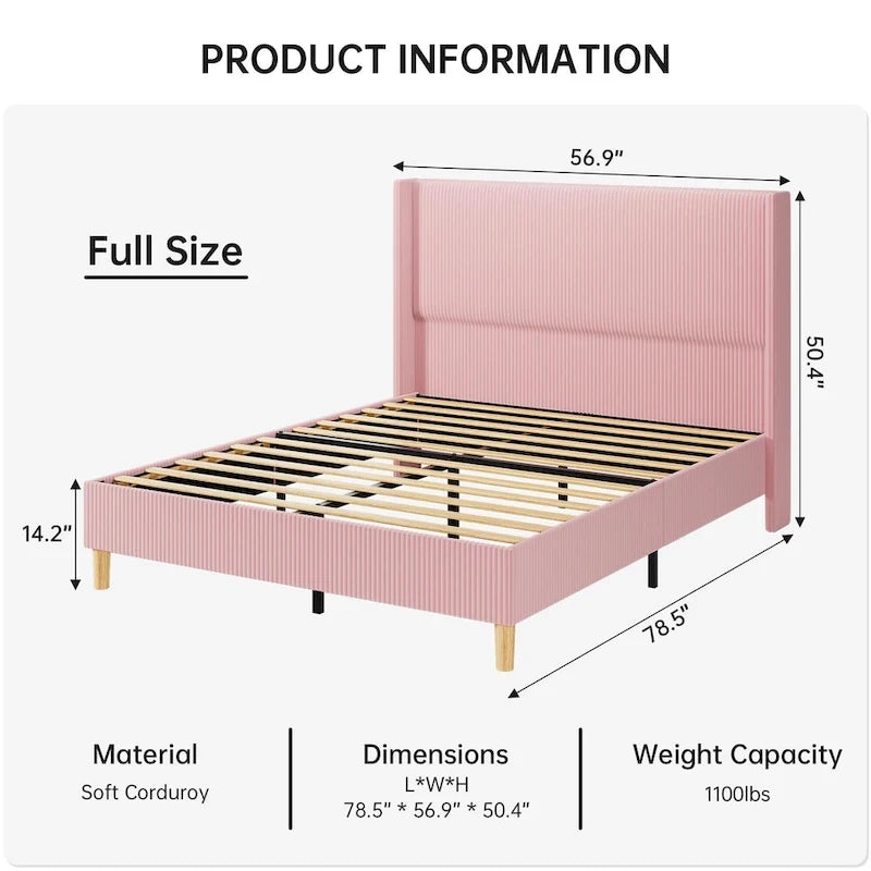 Upholstered Corduroy Bed Frame, Bed Frame with Wingback Headboard
