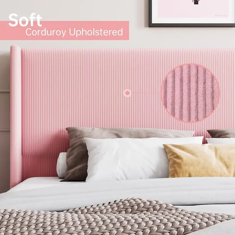Upholstered Corduroy Bed Frame, Bed Frame with Wingback Headboard