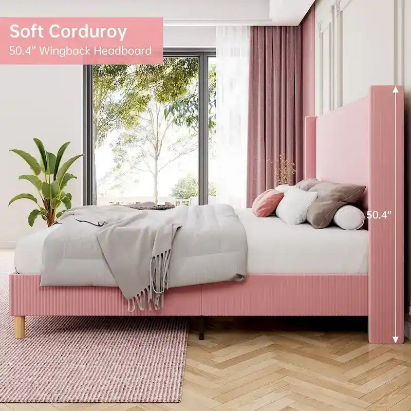 Upholstered Corduroy Bed Frame, Bed Frame with Wingback Headboard