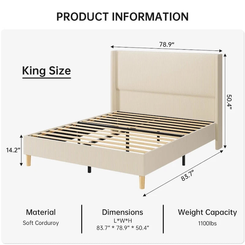 Upholstered Corduroy Bed Frame, Bed Frame with Wingback Headboard