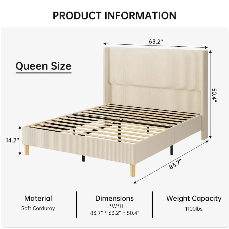 Upholstered Corduroy Bed Frame, Bed Frame with Wingback Headboard