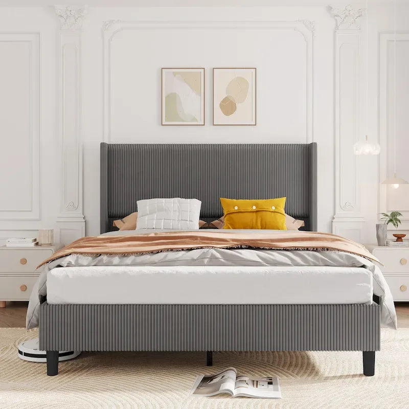 Upholstered Corduroy Bed Frame, Bed Frame with Wingback Headboard