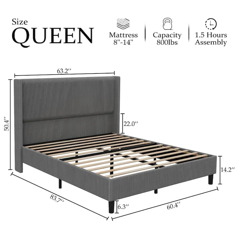 Upholstered Corduroy Bed Frame, Bed Frame with Wingback Headboard