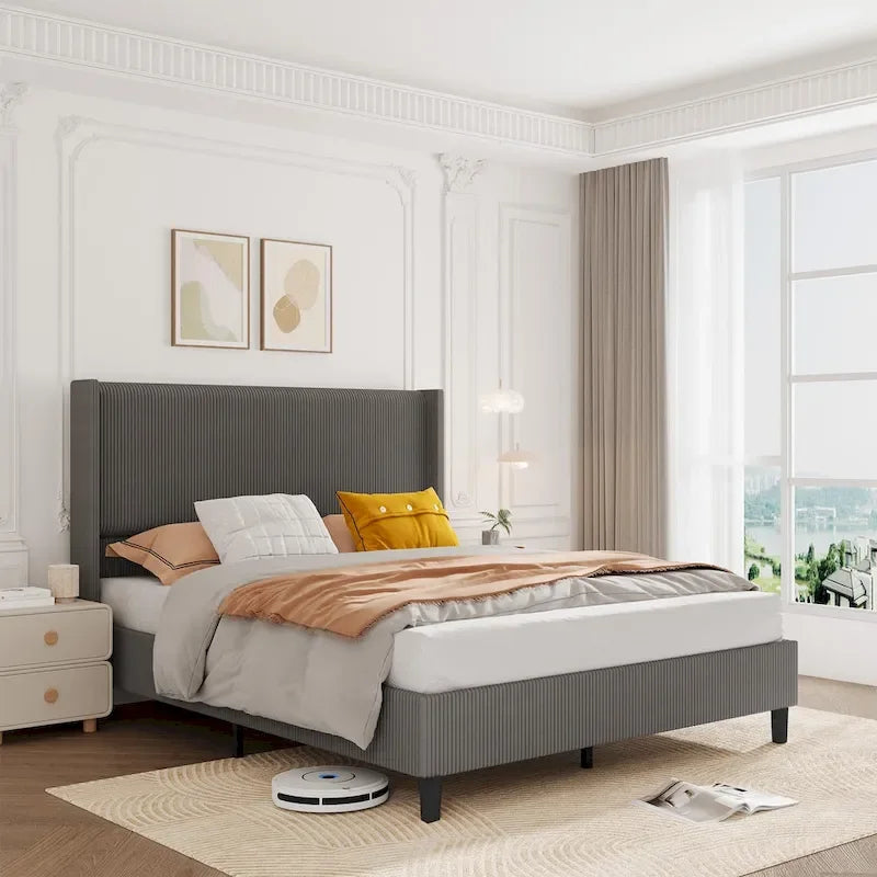 Upholstered Corduroy Bed Frame, Bed Frame with Wingback Headboard