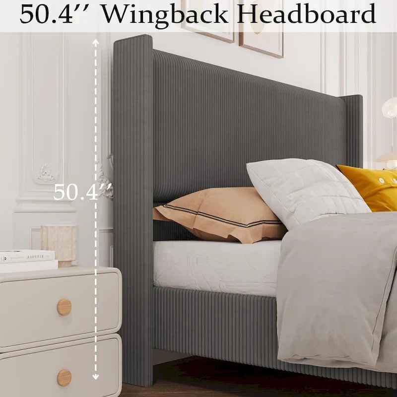 Upholstered Corduroy Bed Frame, Bed Frame with Wingback Headboard