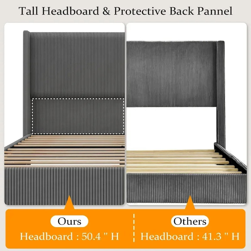Upholstered Corduroy Bed Frame, Bed Frame with Wingback Headboard