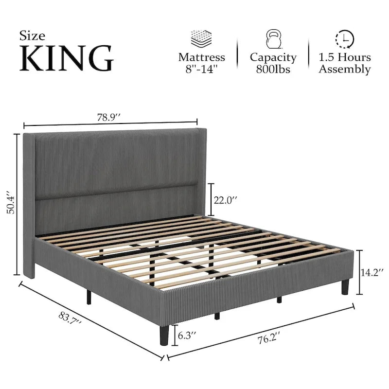 Upholstered Corduroy Bed Frame, Bed Frame with Wingback Headboard