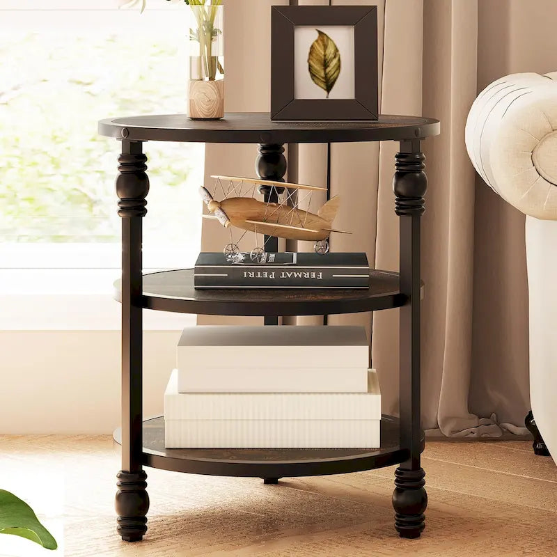 End Table 3-Tier Round Side Table Living Room Accent Table with Storage Shelf