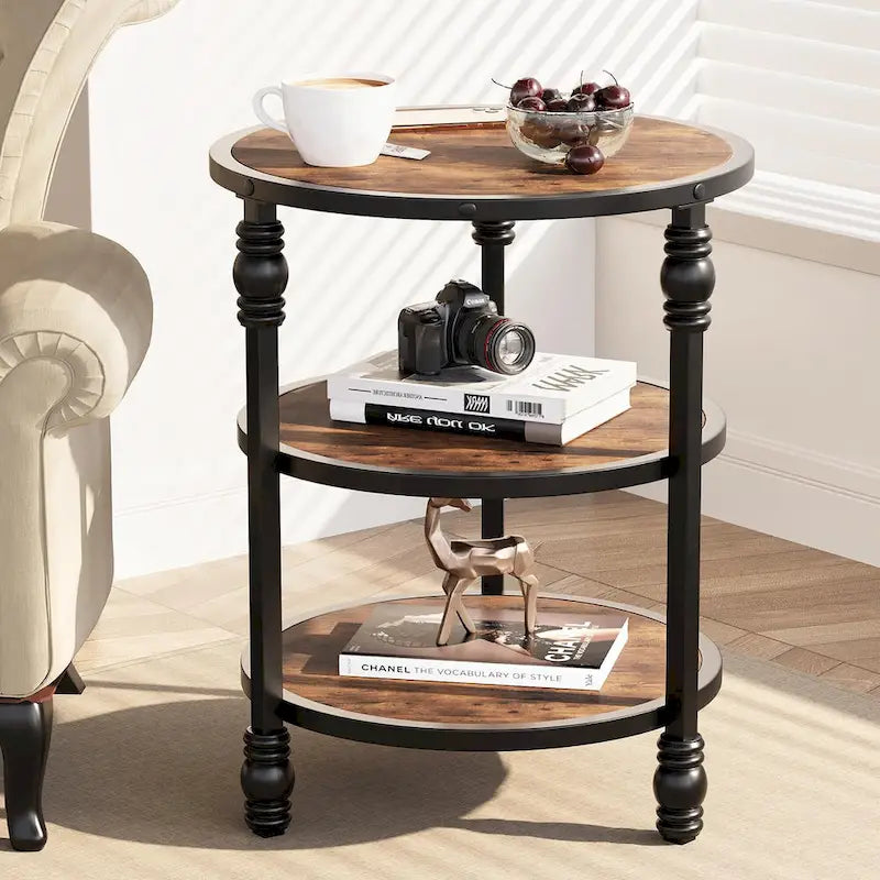 End Table 3-Tier Round Side Table Living Room Accent Table with Storage Shelf