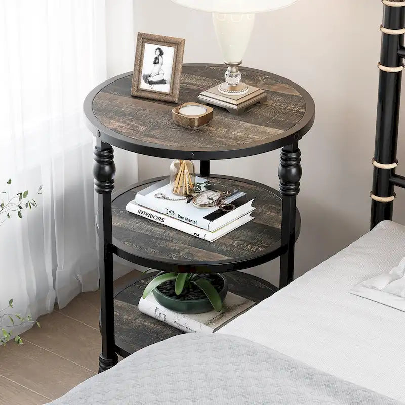 End Table 3-Tier Round Side Table Living Room Accent Table with Storage Shelf