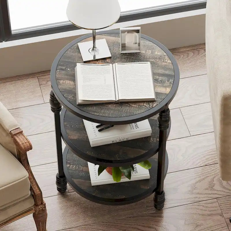 End Table 3-Tier Round Side Table Living Room Accent Table with Storage Shelf