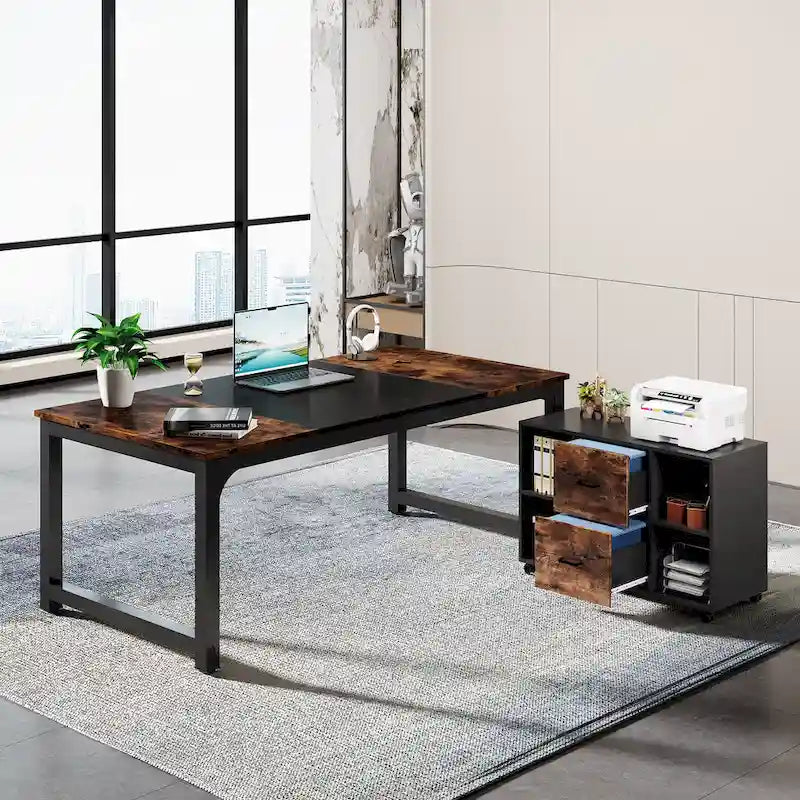 63  L-Shaped Executive Desk with 40  File Drawer Cabinet