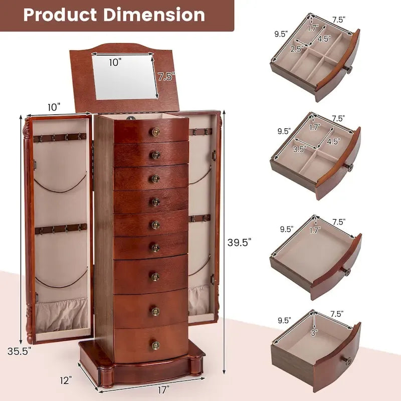 Costway Wood Jewelry Cabinet Storage Chest Stand Organizer Necklace