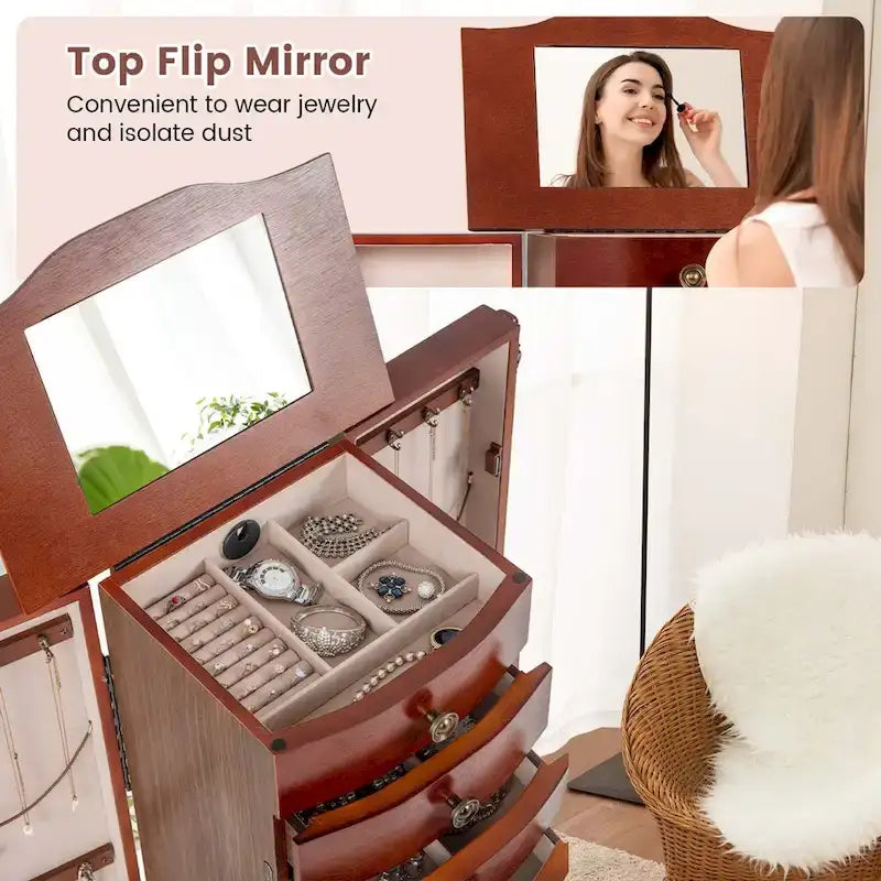 Costway Wood Jewelry Cabinet Storage Chest Stand Organizer Necklace