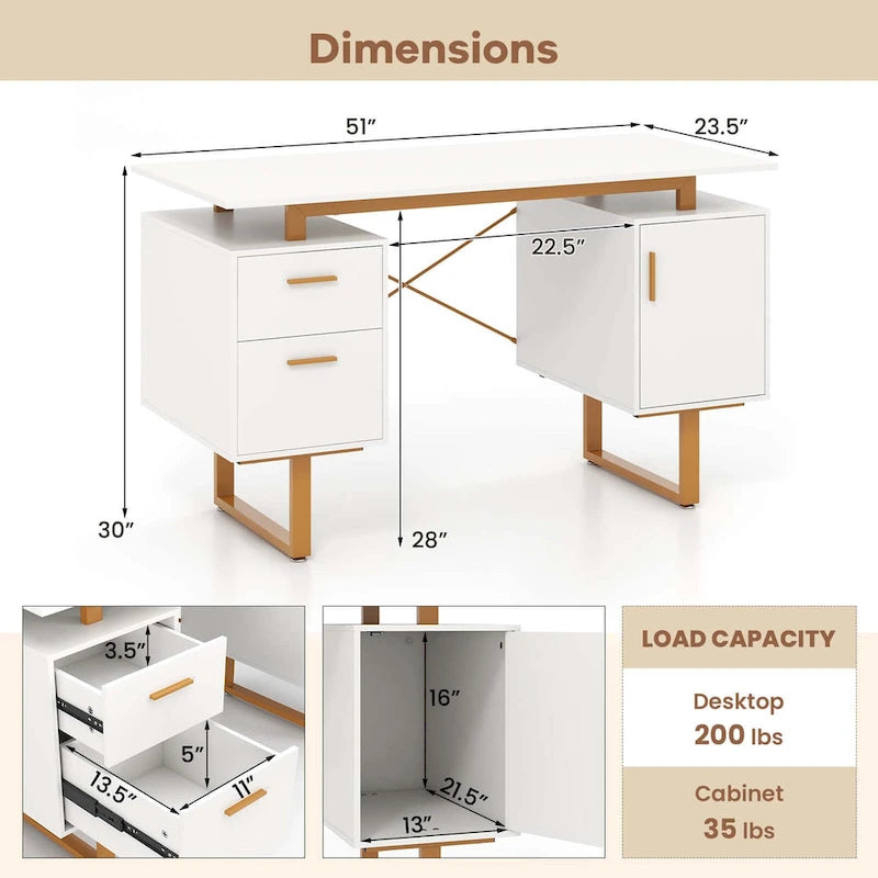 Costway 51  Home Office Desk with Floating Desktop Dual Drawers