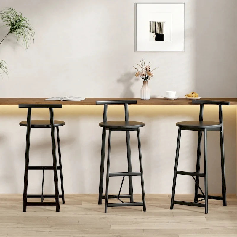 27H Barstool Set of 3 Wooden Round Bar Stools with Footrest, Easy Assembly, for Dining Room, Kitchen