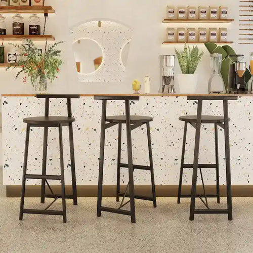 27H Barstool Set of 3 Wooden Round Bar Stools with Footrest, Easy Assembly, for Dining Room, Kitchen