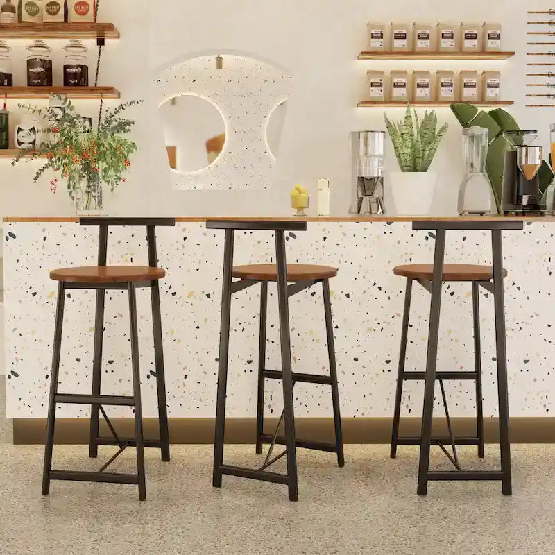 27H Barstool Set of 3 Wooden Round Bar Stools with Footrest, Easy Assembly, for Dining Room, Kitchen