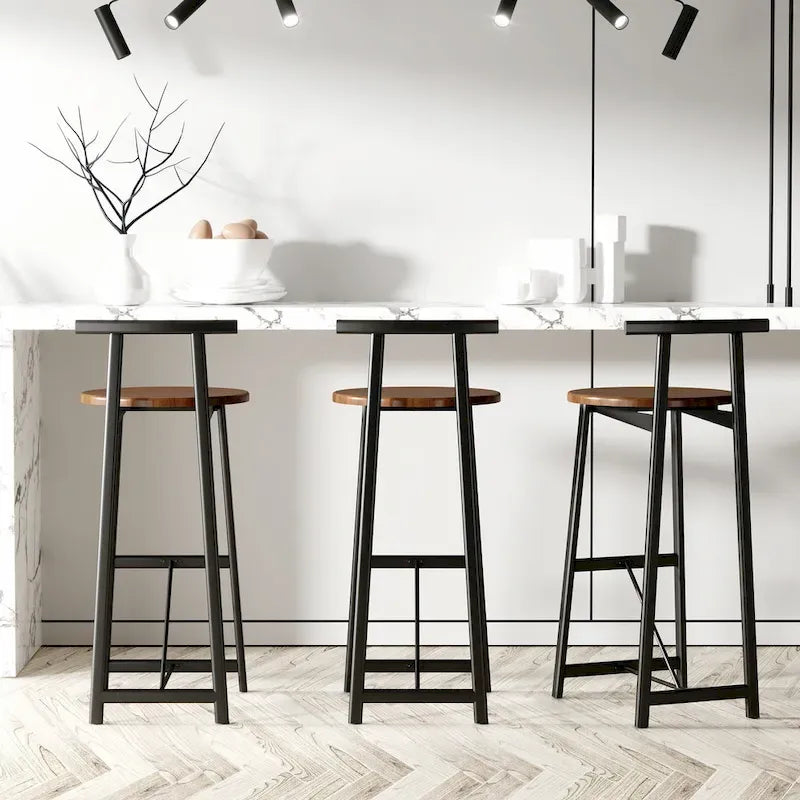 27H Barstool Set of 3 Wooden Round Bar Stools with Footrest, Easy Assembly, for Dining Room, Kitchen