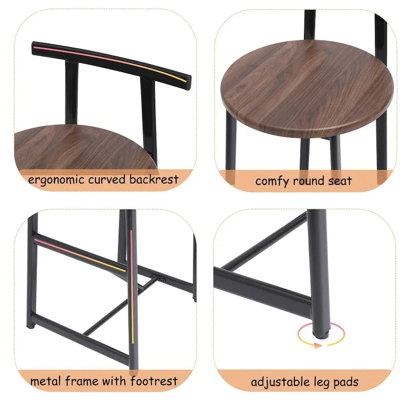 27H Barstool Set of 3 Wooden Round Bar Stools with Footrest, Easy Assembly, for Dining Room, Kitchen