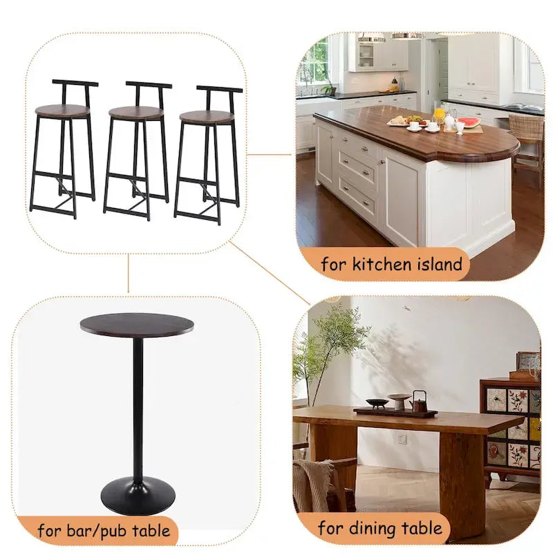 27H Barstool Set of 3 Wooden Round Bar Stools with Footrest, Easy Assembly, for Dining Room, Kitchen