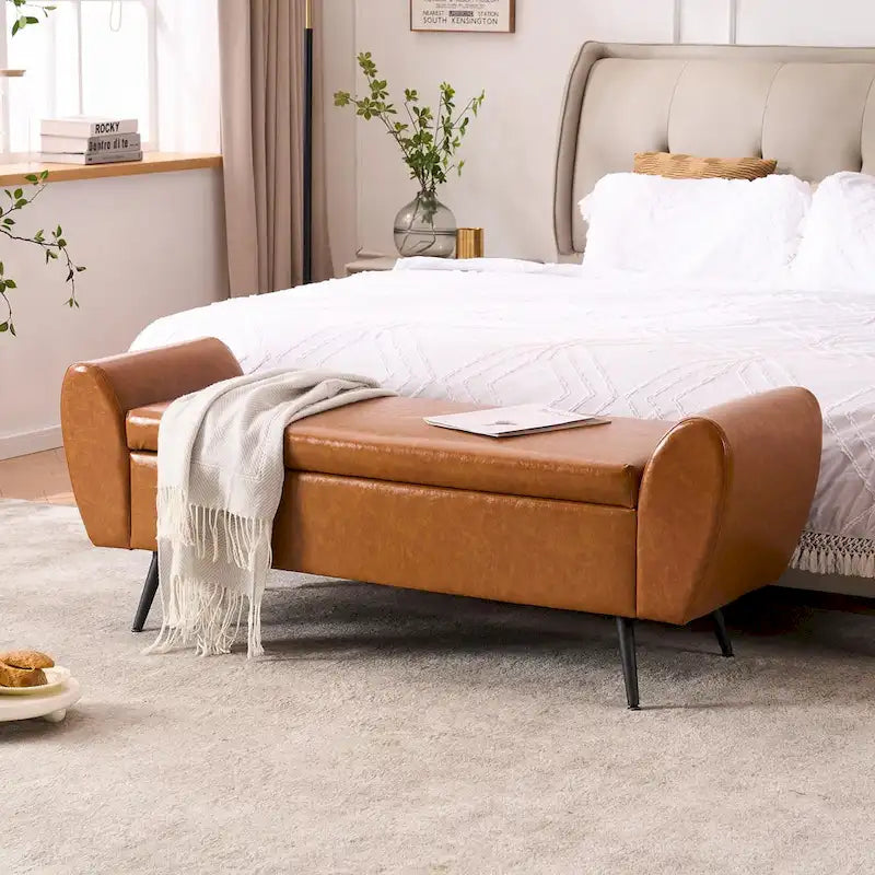 Upholstered 56 W Flip Top Storage Bench with arms