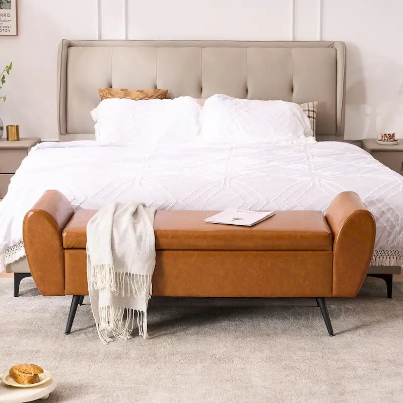 Upholstered 56 W Flip Top Storage Bench with arms