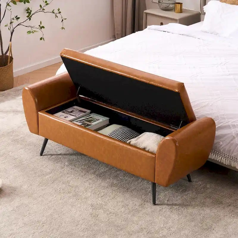 Upholstered 56 W Flip Top Storage Bench with arms